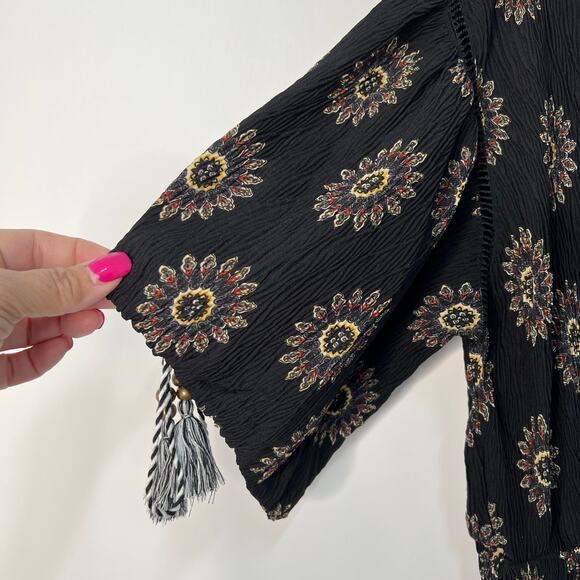 POL Boho Peasant Black Floral Artisan Midi Dress Cinched Waist Tassels Indie M - Picture 7 of 14